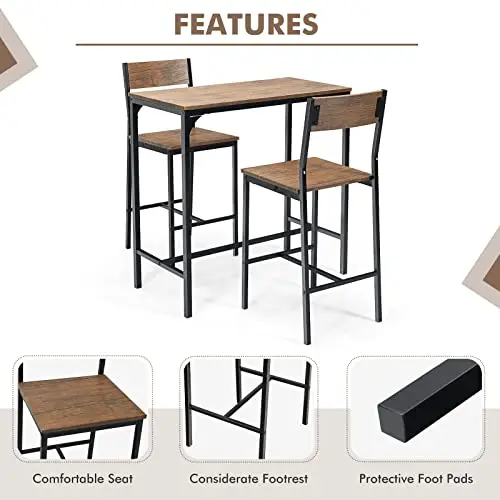 Rustic Brown 3-Piece Counter Height Dining Set: Pub Table With Two Stools, Spacious Top, Stable Triangle Frame, Footrests
