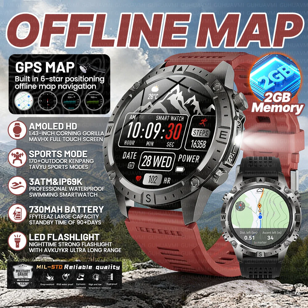 New Outdoor Built in GPS Offline Map Man Smart Watch Compass Flashlight 2GB Memory Bluetooth Call 3ATM Waterproof Men Smartwatch
New Outdoor Built in GPS Offline Map Man Smart Watch Compass Flashlight 2GB Memory Bluetooth Call 3ATM Waterproof Men Smartwatch