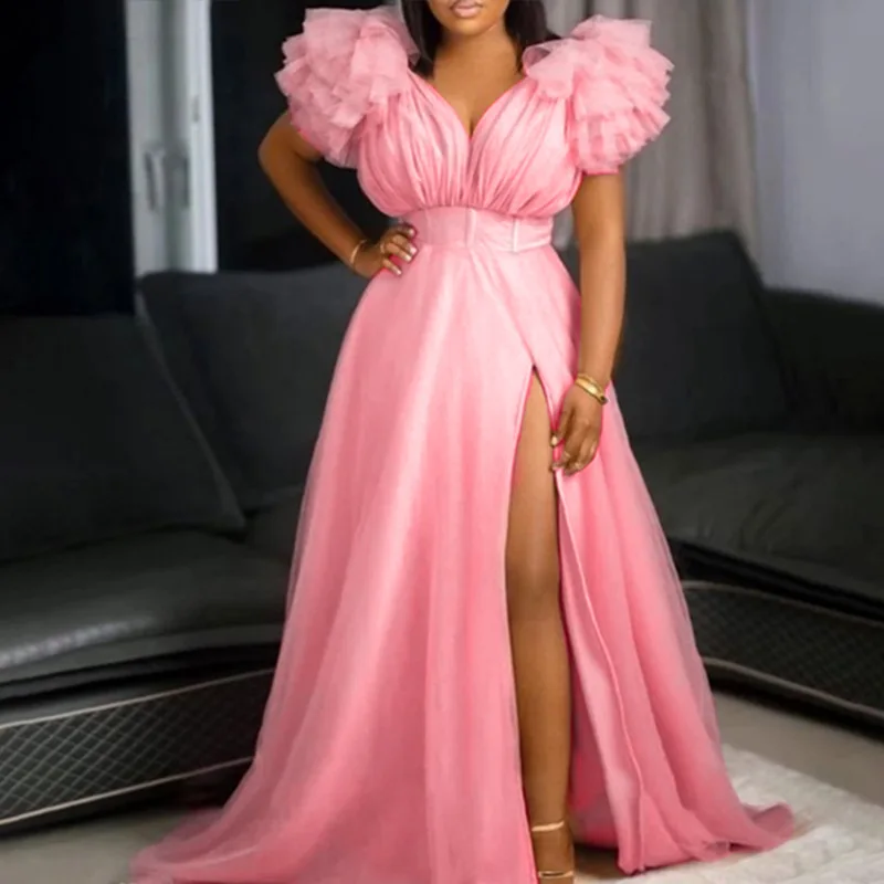 Women's Elegant Mesh Plus Size Dress Large Size Ruffle Puff Sleeve Sexy V-Neck Split Wedding Guest Party Evening Dresses Laides
Women's Elegant Mesh Plus Size Dress Large Size Ruffle Puff Sleeve Sexy V-Neck Split Wedding Guest Party Evening Dresses Laides