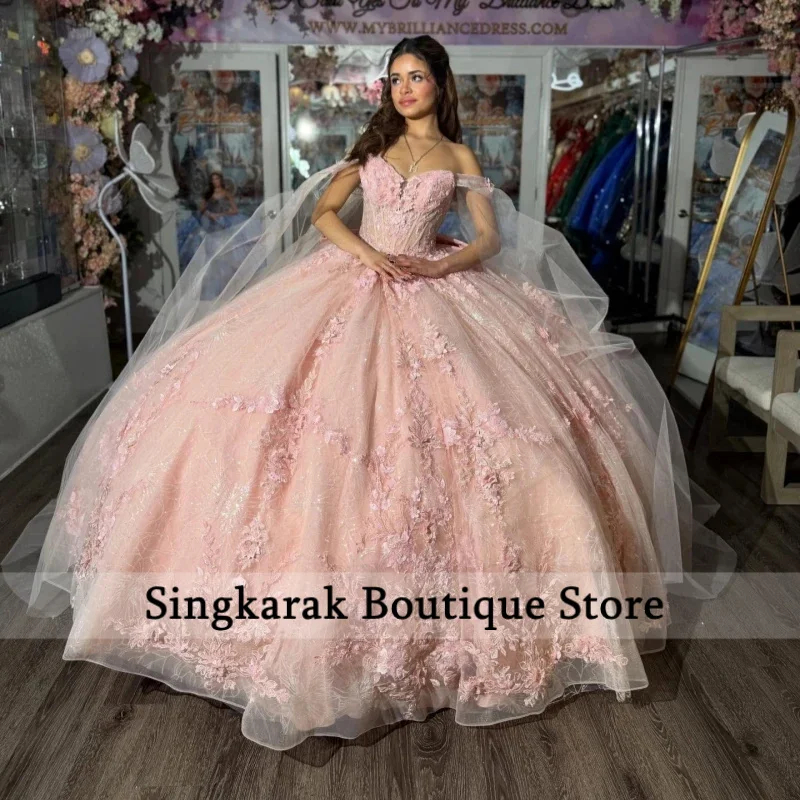 Pink Shiny Princess Sweet Quinceanera Dresses Applique Flower Beading Crystal Bow With Cape Party Birthday Vestidos Customized
Pink Shiny Princess Sweet Quinceanera Dresses Applique Flower Beading Crystal Bow With Cape Party Birthday Vestidos Customized
