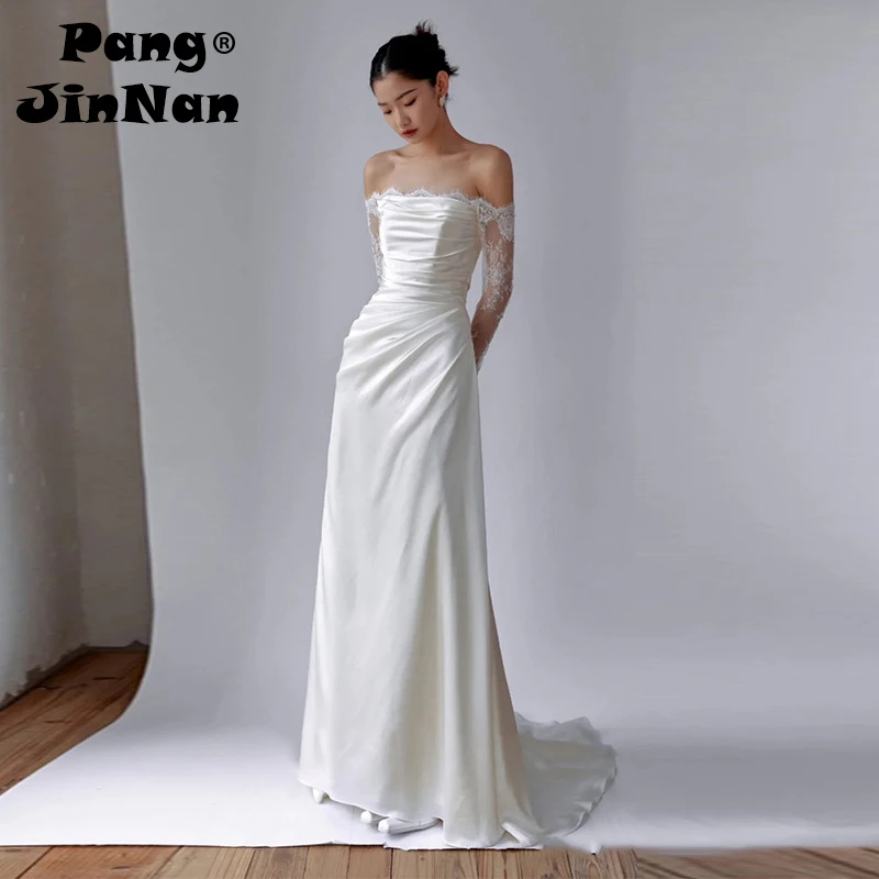 PJN Long Sleeve Off Shoulder Wedding Dress for Bride White Satin Lace Reception Snapshot Dresses Women Formal Long Evening Dress
PJN Long Sleeve Off Shoulder Wedding Dress for Bride White Satin Lace Reception Snapshot Dresses Women Formal Long Evening Dress