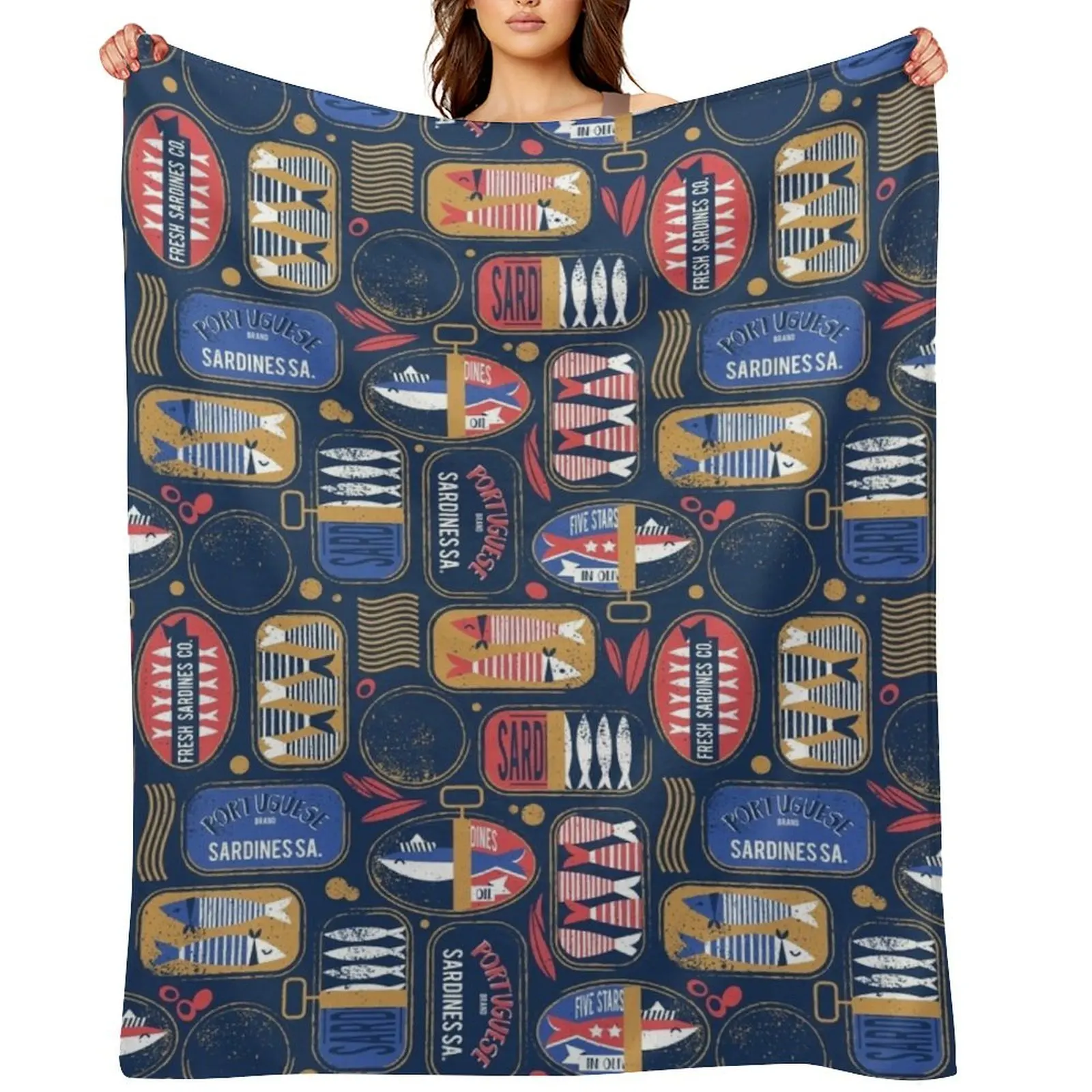 Vintage canned sardines // navy blue background electric blue and mandy red cans Throw Blanket Sofa Sofa Throw sofa bed Blankets
Vintage canned sardines // navy blue background electric blue and mandy red cans Throw Blanket Sofa Sofa Throw sofa bed Blankets