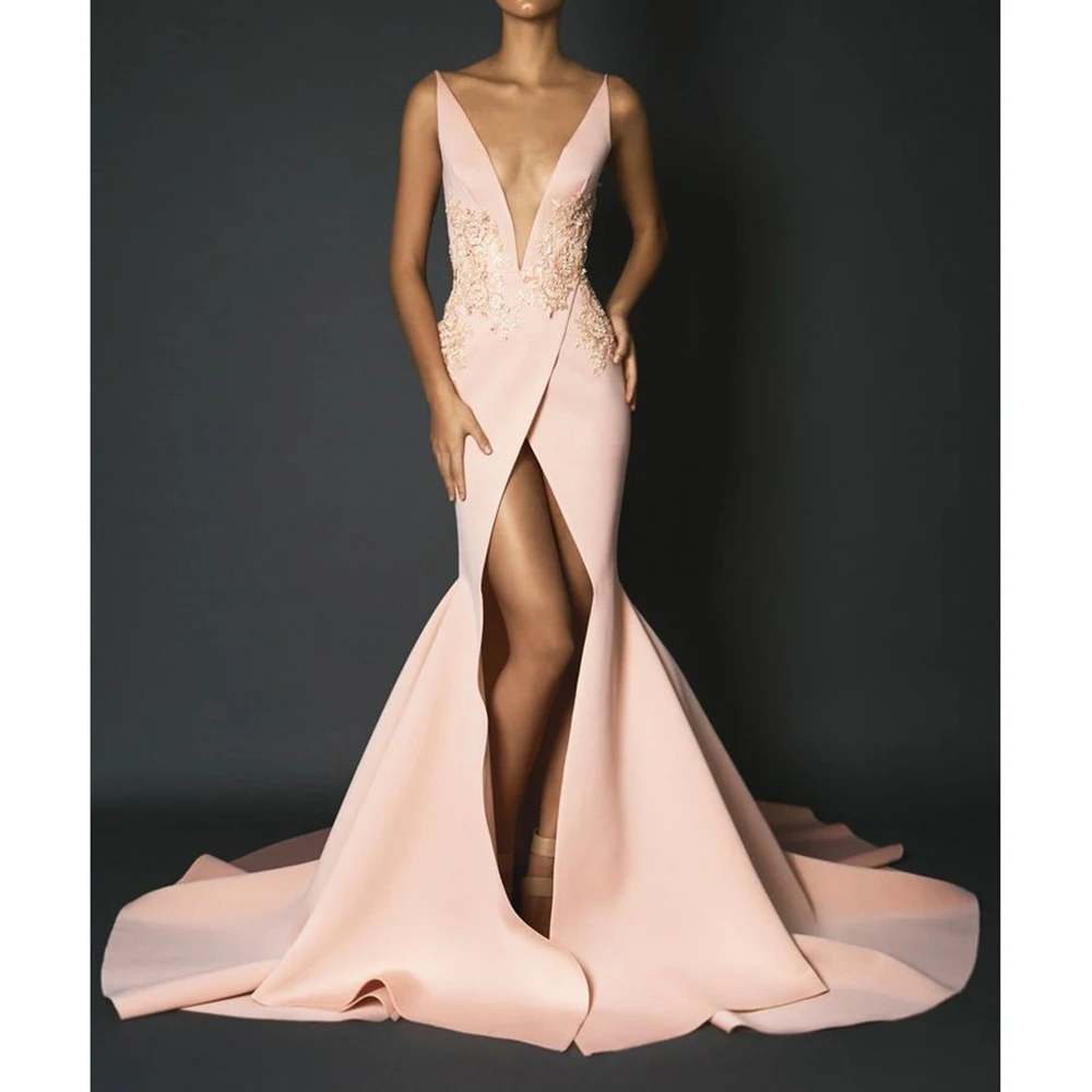 V-Neck Sleeveless Evening Dresses Pink Appliques Appliques Chapel Train Gowns Formal Occasion Backless Front Split Dress
V-Neck Sleeveless Evening Dresses Pink Appliques Appliques Chapel Train Gowns Formal Occasion Backless Front Split Dress