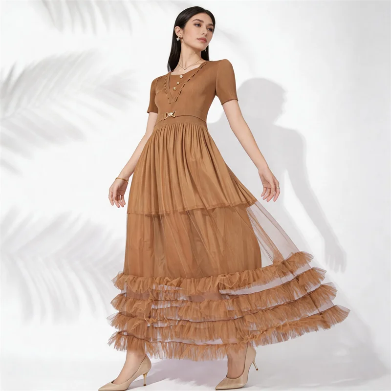 Miyake Pleated Women's Casual Dress 2026 Summer New Fashion Mesh Patchwork Hem Design Short-sleeved Stretch Slim Elegant Dress
Miyake Pleated Women's Casual Dress 2026 Summer New Fashion Mesh Patchwork Hem Design Short-sleeved Stretch Slim Elegant Dress
