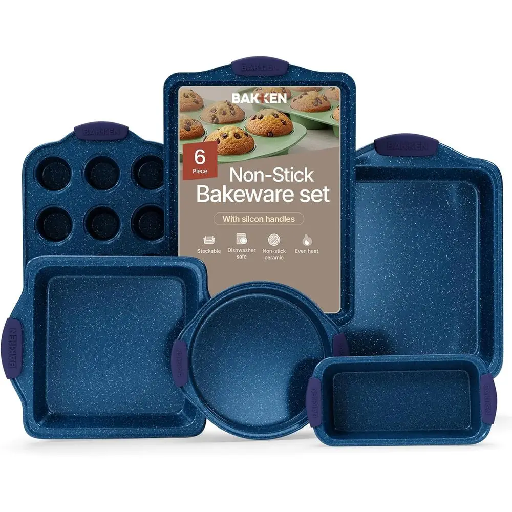 Nonstick Coating Carbon Steel Bakeware Set with Blue Silicone Handles, 6-Piece, Oven Safe Tray Up To 450°
Nonstick Coating Carbon Steel Bakeware Set with Blue Silicone Handles, 6-Piece, Oven Safe Tray Up To 450°