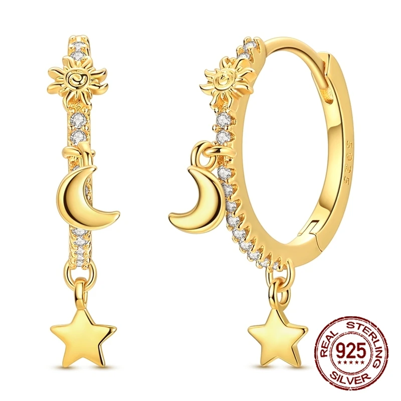 925 Sterling Silver Golden Hoop Earrings Sun Moon Star Cubic Zirconia Star Drop Earrings Fashion Jewelry Gift for Women
925 Sterling Silver Golden Hoop Earrings Sun Moon Star Cubic Zirconia Star Drop Earrings Fashion Jewelry Gift for Women