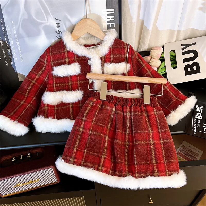 Girls Red Suits Children 2024 New Autumn Winter Fashion Fleece Thick Plaid Coat and Skirt Two-piece Set Christmas Suit
Girls Red Suits Children 2024 New Autumn Winter Fashion Fleece Thick Plaid Coat and Skirt Two-piece Set Christmas Suit