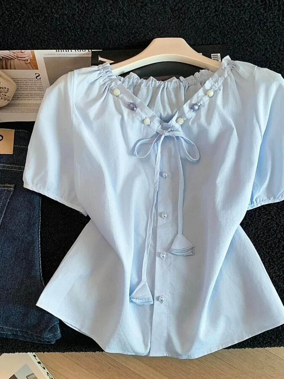 Sweet Beaded Pleated Collar Loose Slimming Bubble Sleeve Shirt Women Summer Fashionable Top Polyester Fiber Short Sleeve roun...
Sweet Beaded Pleated Collar Loose Slimming Bubble Sleeve Shirt Women Summer Fashionable Top Polyester Fiber Short Sleeve roun...