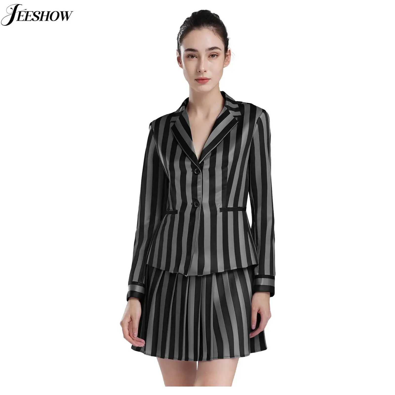 Womens School Uniform Halloween Costume Striped Long Sleeve Button Down Blazer Jacket with Pleated Skirt for Masquerade Party
Womens School Uniform Halloween Costume Striped Long Sleeve Button Down Blazer Jacket with Pleated Skirt for Masquerade Party