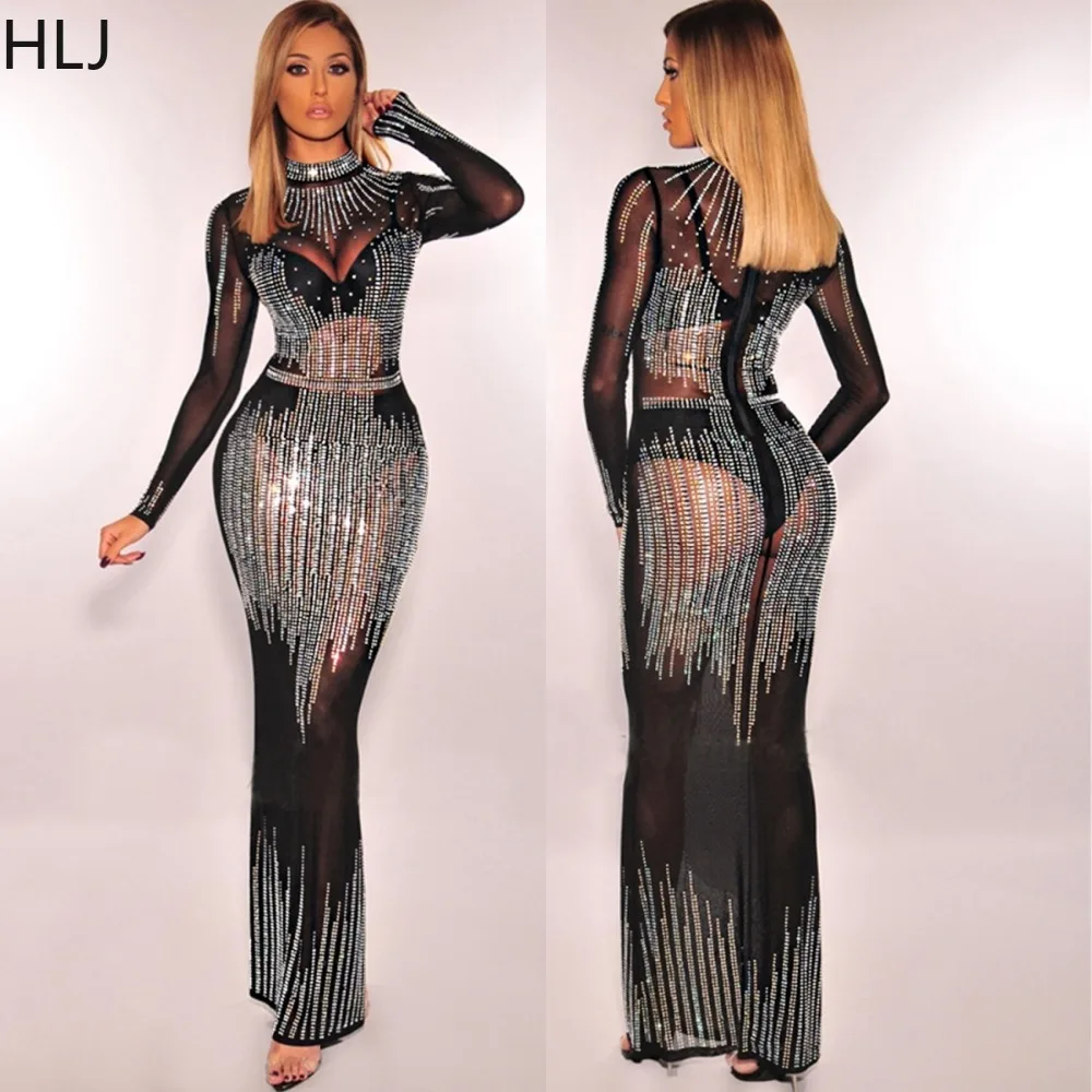 HLJ Black Sexy Mesh Perspective Rhinestone Bodycon Party Club Dresses Women Round Neck Long Sleeve Floor Dress Female Clothing
HLJ Black Sexy Mesh Perspective Rhinestone Bodycon Party Club Dresses Women Round Neck Long Sleeve Floor Dress Female Clothing