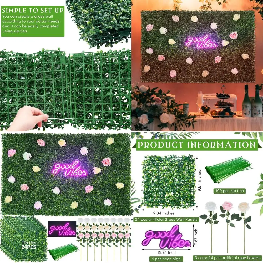10 x 10 Artificial Grass Flower Wall Panels with 24 Roses and Pink Neon Sign, Ideal for Indoor/Outdoor Decor and Bachelor Party
10 x 10 Artificial Grass Flower Wall Panels with 24 Roses and Pink Neon Sign, Ideal for Indoor/Outdoor Decor and Bachelor Party