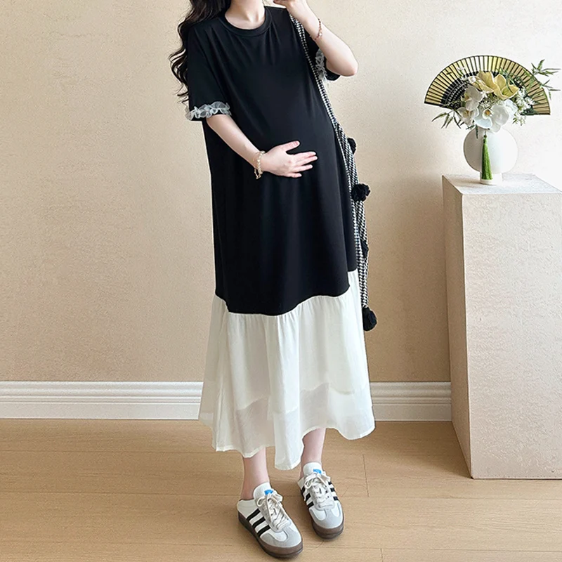 Pregnancy Dresses Round Neck Splicing Mid Length Pregnant Women Short Sleeved Dress With Slimming Temperament
Pregnancy Dresses Round Neck Splicing Mid Length Pregnant Women Short Sleeved Dress With Slimming Temperament
