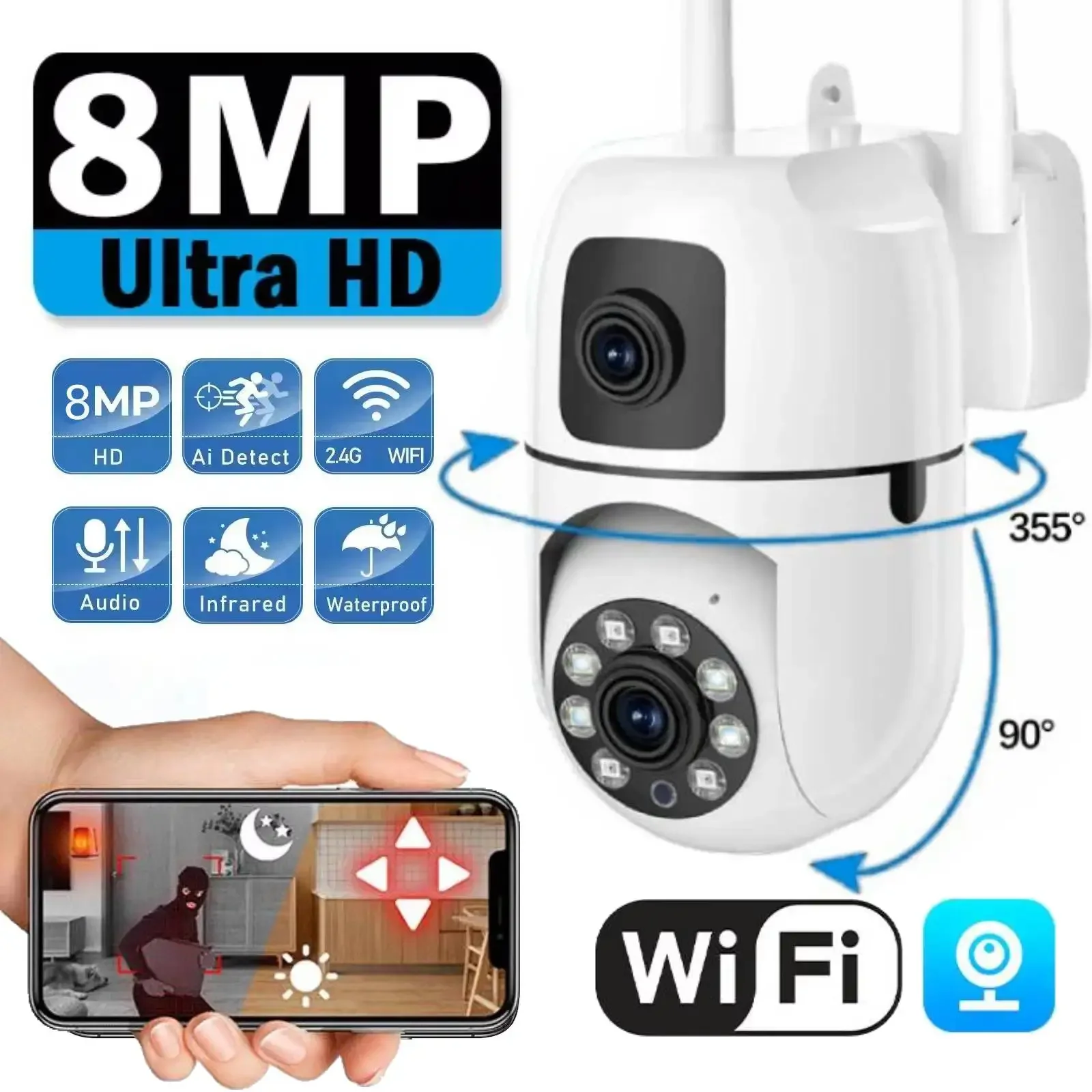 8mp Surveillance Camera Wifi Wireless PTZ Dual Lens Indoor Cameras AI Human Tracking Two-way Audio Night Color Cam Zoom Cameras
8mp Surveillance Camera Wifi Wireless PTZ Dual Lens Indoor Cameras AI Human Tracking Two-way Audio Night Color Cam Zoom Cameras
