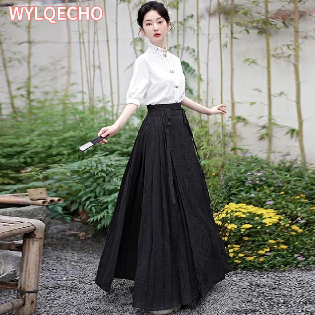Woman Ming Dynasty Hanfu Horse Face Skirt Chinese Traditional Hanfu Costume Stand Collar Vintage Pleats Skirt Black
Woman Ming Dynasty Hanfu Horse Face Skirt Chinese Traditional Hanfu Costume Stand Collar Vintage Pleats Skirt Black