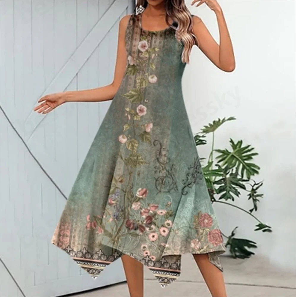 Ladies' casual summer vintage printed sleeveless dress with handkerchief hem, extra long vest dress with pockets, beach dress
Ladies' casual summer vintage printed sleeveless dress with handkerchief hem, extra long vest dress with pockets, beach dress