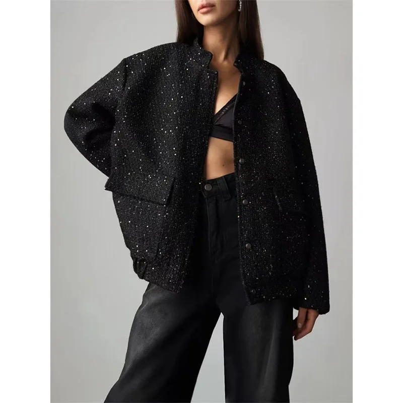 2026 Black Spring Autumn Coat New Women's Stand-Up Collar Loose Short Outerwears Fashion Pocket Bomber Jacket Beaded Coats
2026 Black Spring Autumn Coat New Women's Stand-Up Collar Loose Short Outerwears Fashion Pocket Bomber Jacket Beaded Coats