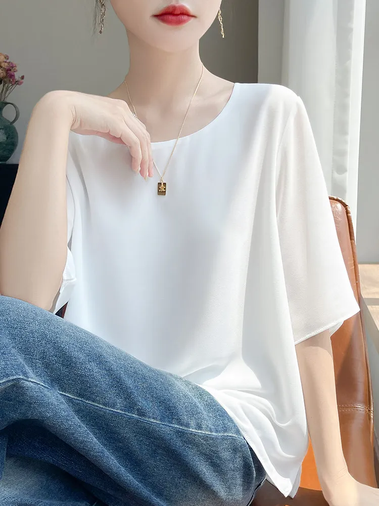 Loose Georgette Short Sleeve round Neck T-Shirt Women's Spring Summer Breathable Comfortable High Waist Knitted Base Shirt
Loose Georgette Short Sleeve round Neck T-Shirt Women's Spring Summer Breathable Comfortable High Waist Knitted Base Shirt