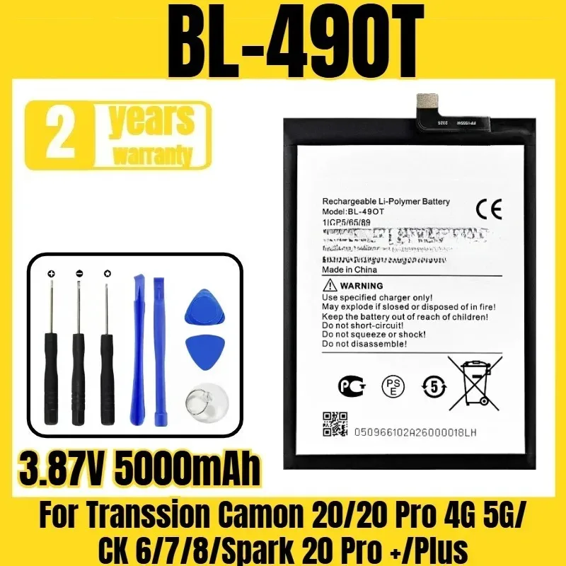 Suitable for Transsion Camon 20/20 Pro 4G 5G/CK 6/7/8/Spark 20 Pro +/Plus battery BL-49OT mobile phone battery,3.87V 5000mAh
Suitable for Transsion Camon 20/20 Pro 4G 5G/CK 6/7/8/Spark 20 Pro +/Plus battery BL-49OT mobile phone battery,3.87V 5000mAh