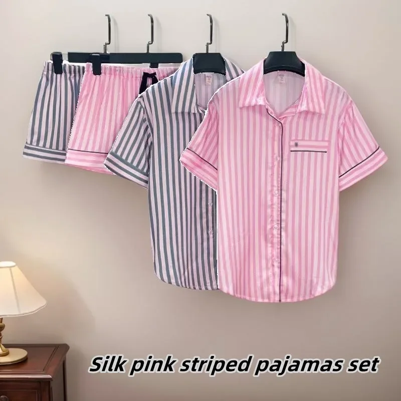 2025 Summer Silk Satin Pajamas for Women Thin Fashion Party Casual Clothes Short-sleeved Pink Striped Home Clothes Two-piece Set
2025 Summer Silk Satin Pajamas for Women Thin Fashion Party Casual Clothes Short-sleeved Pink Striped Home Clothes Two-piece Set