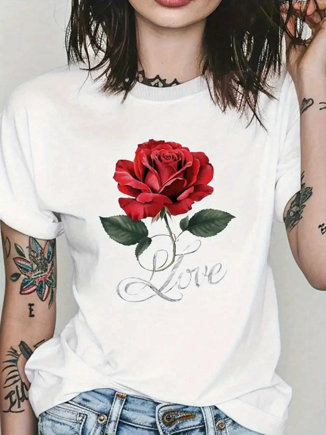 1pc, Red Rose and Love Pure Cotton Women's T-Shirt Comfortable Fit, Fashionable Top - Interesting Graphic Printed Round Neck Top
1pc, Red Rose and Love Pure Cotton Women's T-Shirt Comfortable Fit, Fashionable Top - Interesting Graphic Printed Round Neck Top