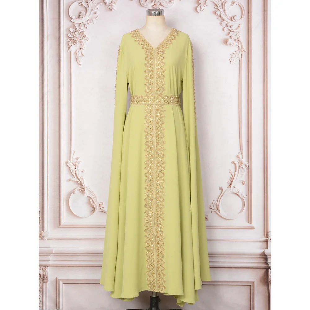 Saudi Arabia - Turkey Style Women's V - Neck Long - Sleeve Evening Gown, Middle Eastern Abaya Muslim Robe, Dubai Beaded Dress.
Saudi Arabia - Turkey Style Women's V - Neck Long - Sleeve Evening Gown, Middle Eastern Abaya Muslim Robe, Dubai Beaded Dress.