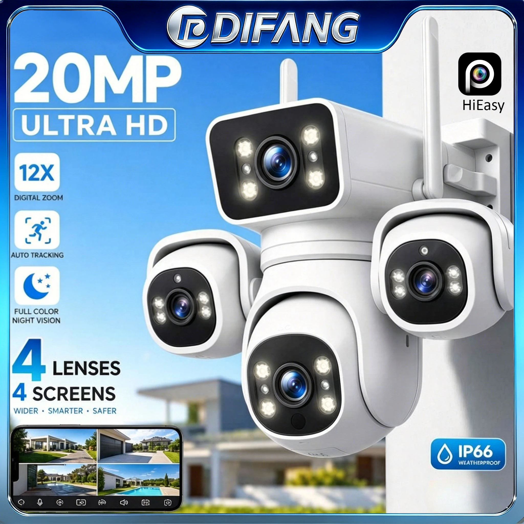 DIFANG 20MP 4-Lens 4-Screen WiFi Outdoor Security Camera Pan/Tilt 20MP 12X Zoom Night Vision 10K WiFi Surveillance Cam Home
DIFANG 20MP 4-Lens 4-Screen WiFi Outdoor Security Camera Pan/Tilt 20MP 12X Zoom Night Vision 10K WiFi Surveillance Cam Home