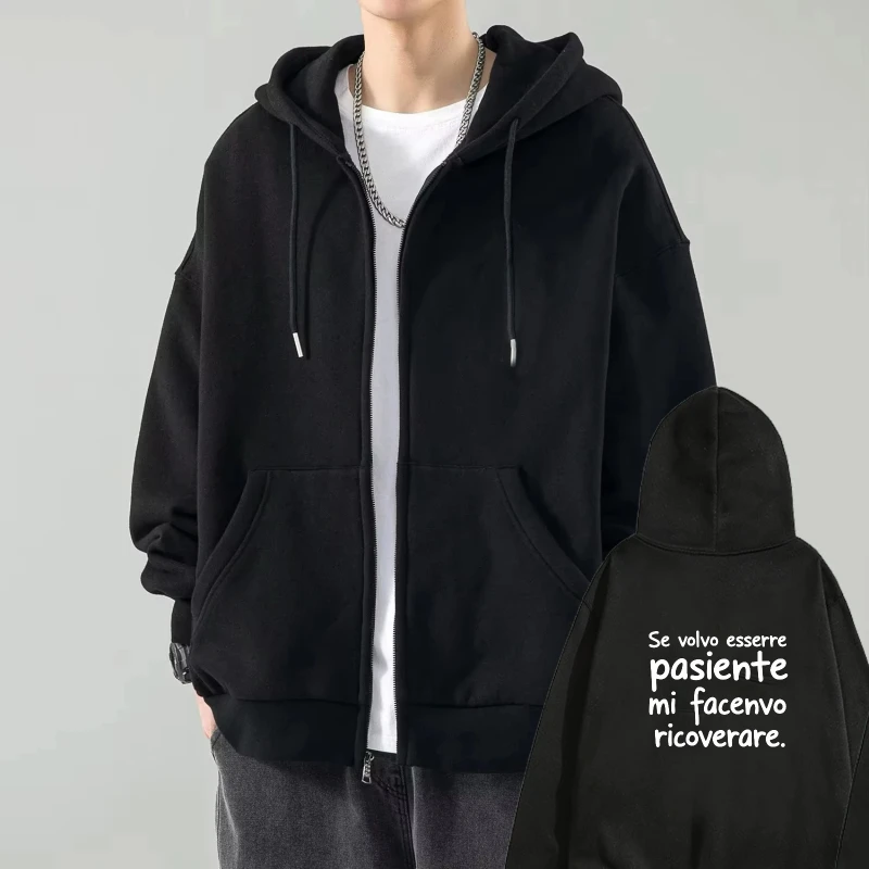 Mens Hooded Jacket Black Italian Text Print Patient Recovery Quote Streetwear Casual Outfit for Daily Wear and Fashion Statement
Mens Hooded Jacket Black Italian Text Print Patient Recovery Quote Streetwear Casual Outfit for Daily Wear and Fashion Statement