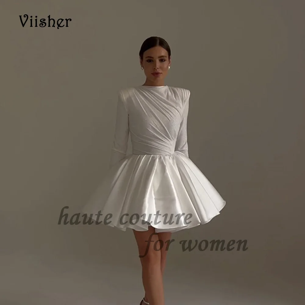 Viisher White Short Prom Dresses Long Sleeve O Neck Pleats Satin A Line Evening Party Dress for Women Zipper Back
Viisher White Short Prom Dresses Long Sleeve O Neck Pleats Satin A Line Evening Party Dress for Women Zipper Back