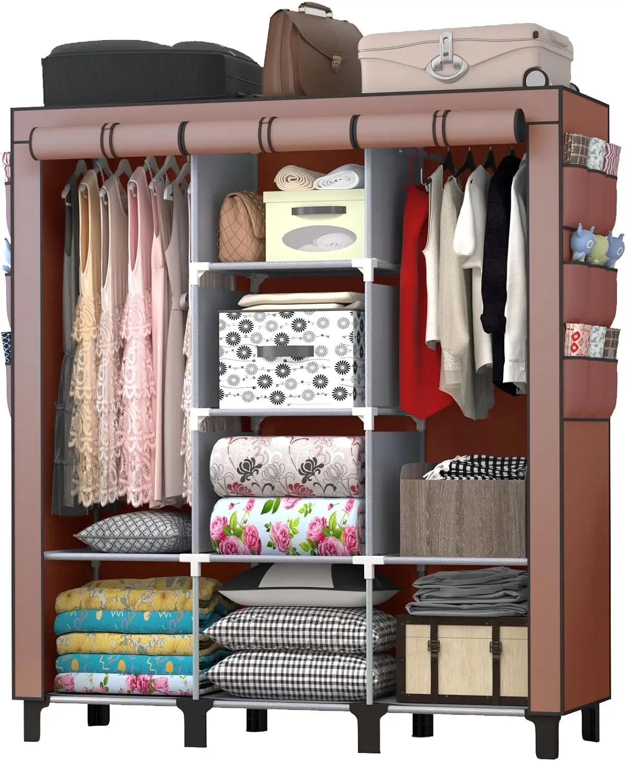 Portable Wardrobe with 10 Storage Racks and 2 Hanging Poles 6 Side Pockets Fleece Cover, Size 130 x 45 x 172 cm, Bedroom Clos
Portable Wardrobe with 10 Storage Racks and 2 Hanging Poles 6 Side Pockets Fleece Cover, Size 130 x 45 x 172 cm, Bedroom Clos