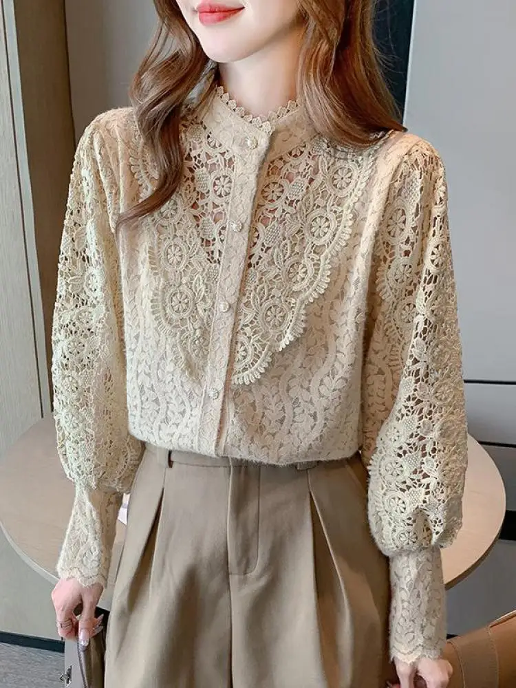 French Vintage Beige Lace Long Sleeved Hollow Out Shirt Women Autumn Winter Khaki Single Breasted Festival Short Blouse Tops New
French Vintage Beige Lace Long Sleeved Hollow Out Shirt Women Autumn Winter Khaki Single Breasted Festival Short Blouse Tops New
