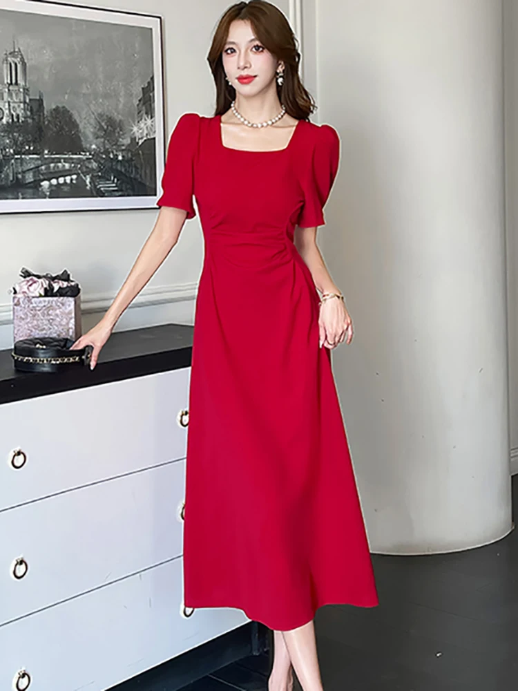 Summer Red Pleated Bodycon Short Sleeve Square Collar Midi Dress Women Korean Vintage Hepburn Dress 2025 Elegant Luxury Vestidos
Summer Red Pleated Bodycon Short Sleeve Square Collar Midi Dress Women Korean Vintage Hepburn Dress 2025 Elegant Luxury Vestidos