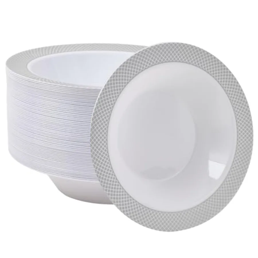 50 Pack Plastic Bowls with Silver Rim, 12 oz Disposable Soup Bowls, Heavy Duty Plastic Dinner Bowl for Weddings, Party, Dinners
50 Pack Plastic Bowls with Silver Rim, 12 oz Disposable Soup Bowls, Heavy Duty Plastic Dinner Bowl for Weddings, Party, Dinners