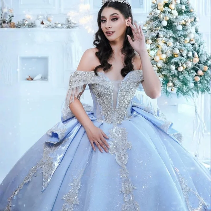 Shiny Aqua Blue Quinceanera Dresses off-shoulder Sequin Decal Crystal Long tail Big Bow Vestido De 15 Quinceanera Customize
Shiny Aqua Blue Quinceanera Dresses off-shoulder Sequin Decal Crystal Long tail Big Bow Vestido De 15 Quinceanera Customize