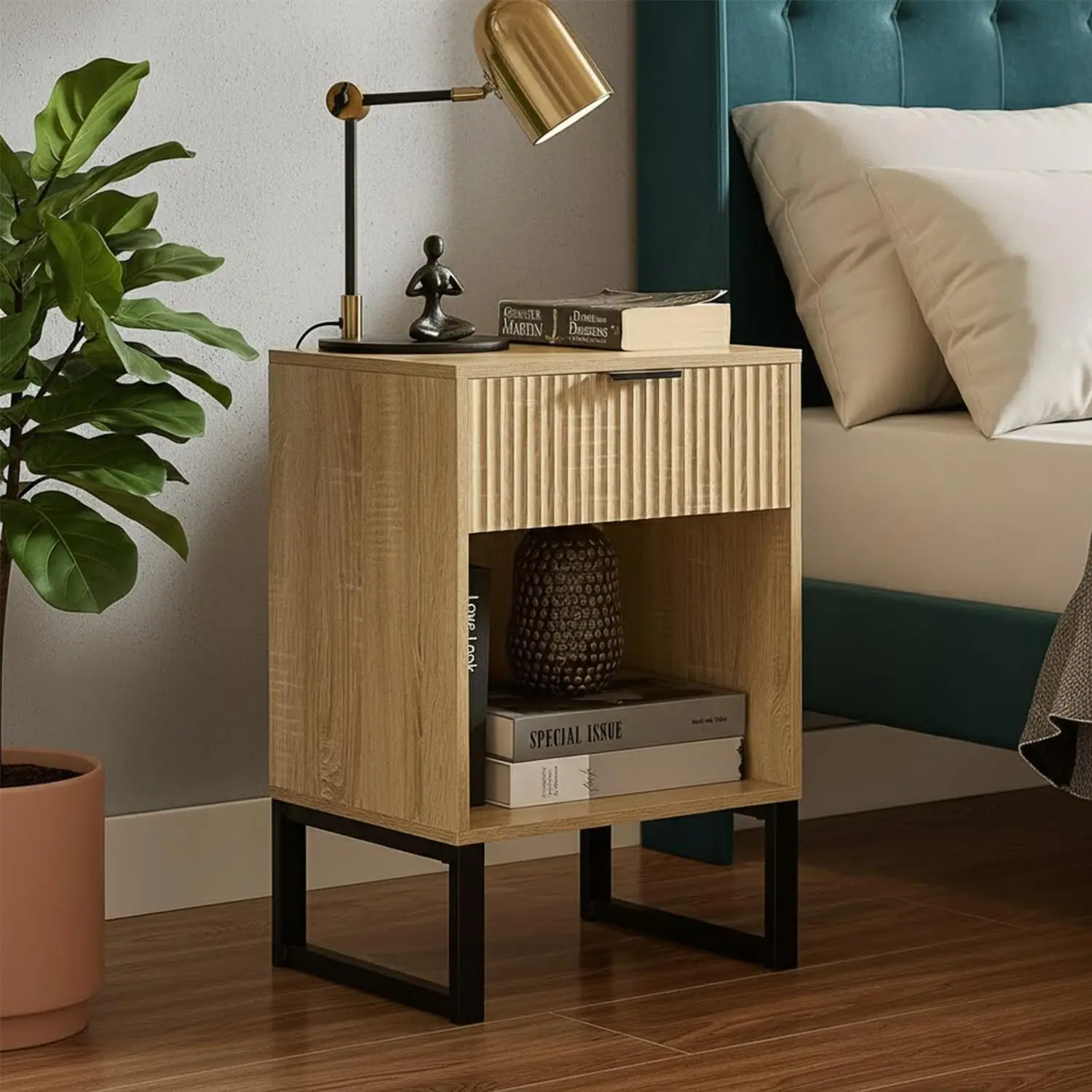 Mid Century Modern Nightstand with Fluted Drawer, Light Oak Bedside Table for Small Spaces, End Table with Storage & Black Me
Mid Century Modern Nightstand with Fluted Drawer, Light Oak Bedside Table for Small Spaces, End Table with Storage & Black Me