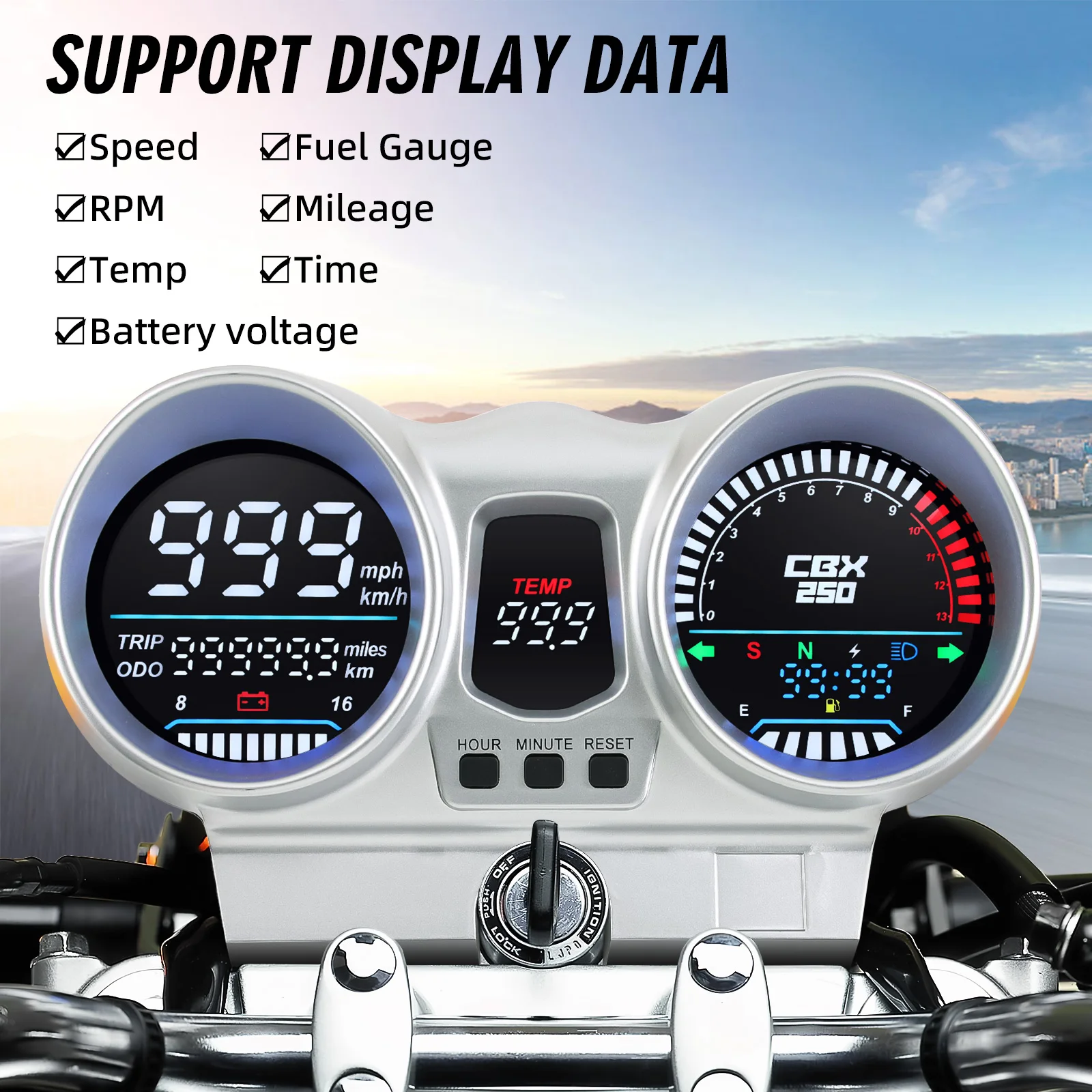 Universal 12V Motorcycle Speedometer Gauge Tachometer LED LCD Digital Meter Dashboard For Honda CBX250 CBF250 Twister 2001-2008
Universal 12V Motorcycle Speedometer Gauge Tachometer LED LCD Digital Meter Dashboard For Honda CBX250 CBF250 Twister 2001-2008
