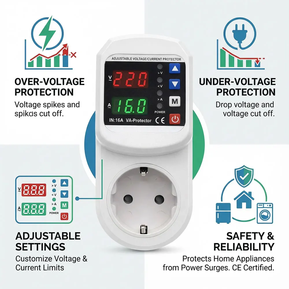 Over and Under Voltage Current Protector Automatic AC 220V Adjustable protection 16A Power Surge EU Plug Socket Voltage Safety
Over and Under Voltage Current Protector Automatic AC 220V Adjustable protection 16A Power Surge EU Plug Socket Voltage Safety