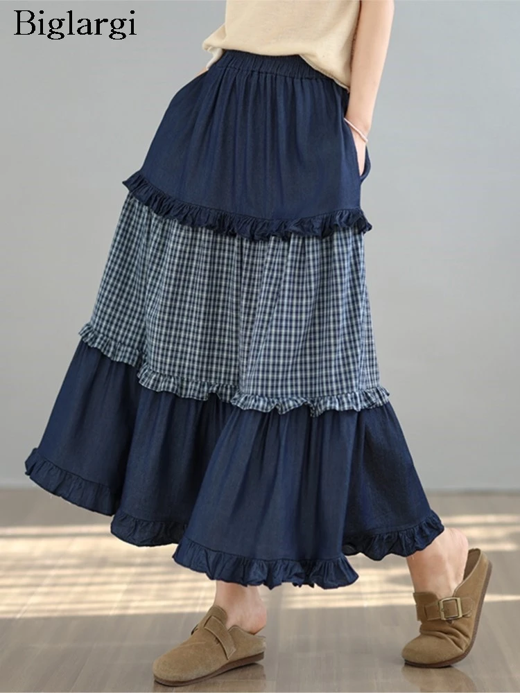 Женская джинсовая юбка оверсайз на весну-лето с рюшами, пэчворком и клетчатым принтом, повседневная свободная плиссированная юбка с высокой талией
Женская джинсовая юбка оверсайз на весну-лето с рюшами, пэчворком и клетчатым принтом, повседневная свободная плиссированная юбка с высокой талией