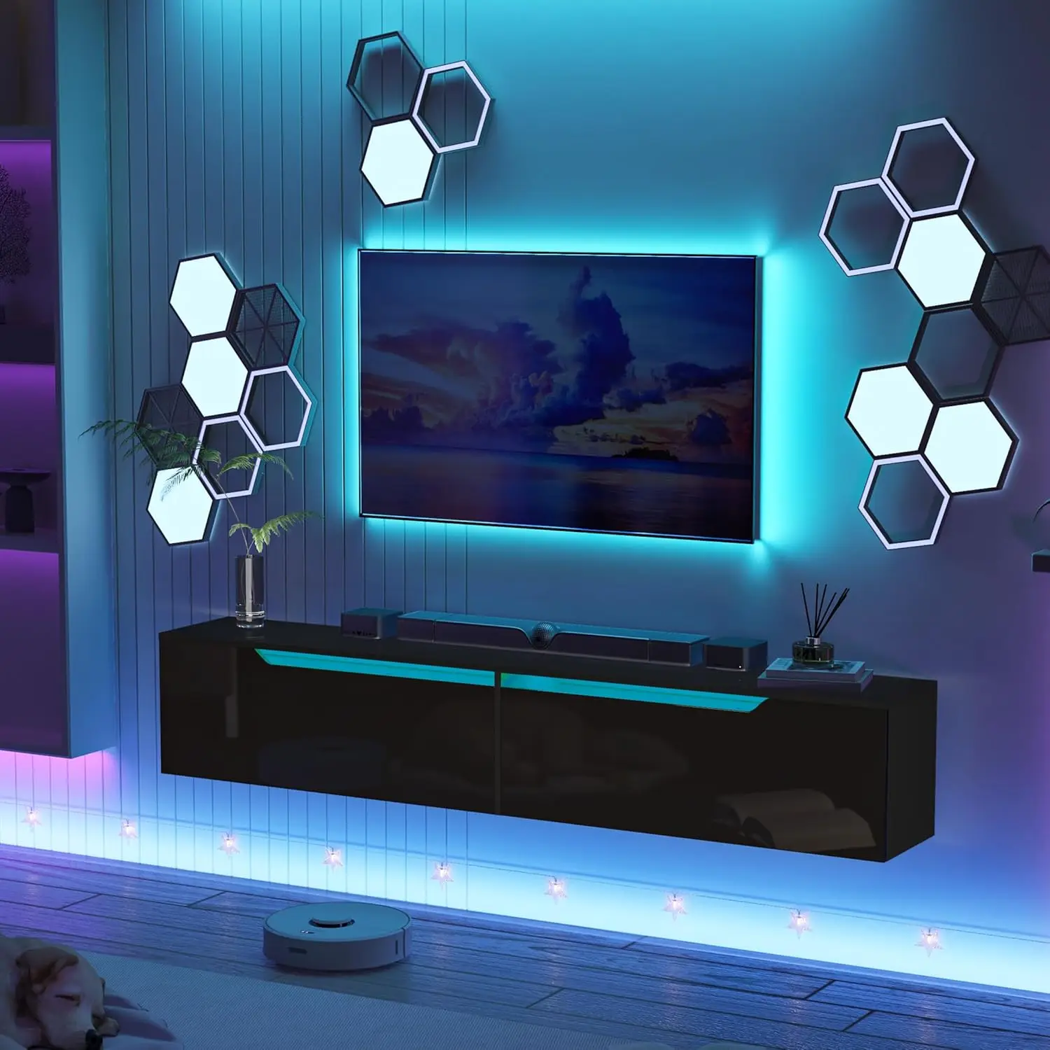 LED Floating TV Stand Wall Mounted For 85 Inch TV, Media Entertainment Center Console Table With Storage Cabinet, Customized