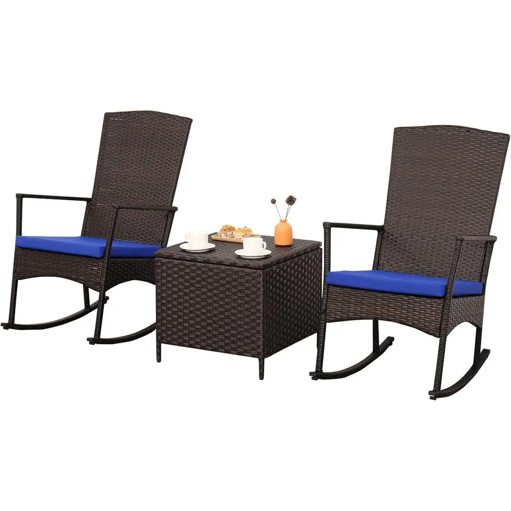Outdoor PE Wicker Rocking Chair 3-Piece Patio Rattan Bistro Set 2 Rocker Armchair and Storage Side Table urniture Washable Lacin