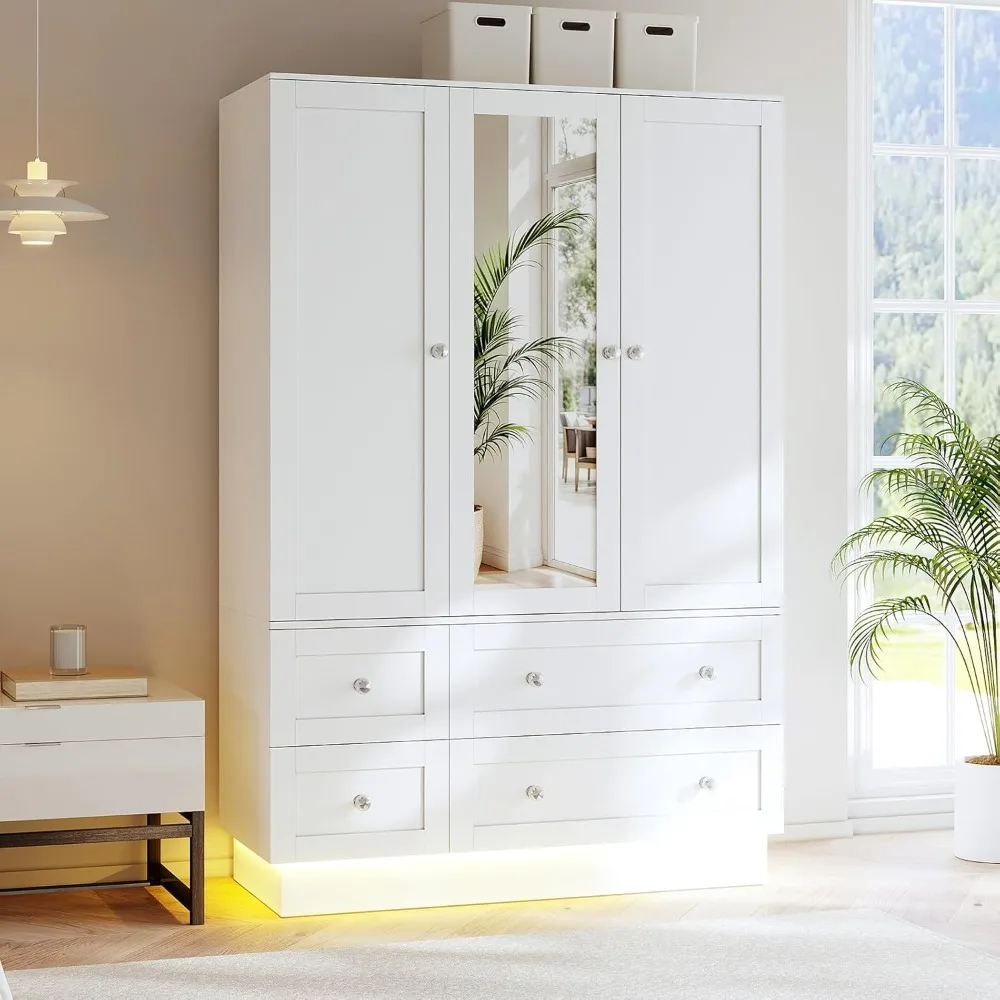 Wardrobe Closet with 3 Doors, Bedroom Armoire , LED Light, 4 Drawers and Hanging Rod, Large Capacity Storage Closet
Wardrobe Closet with 3 Doors, Bedroom Armoire , LED Light, 4 Drawers and Hanging Rod, Large Capacity Storage Closet