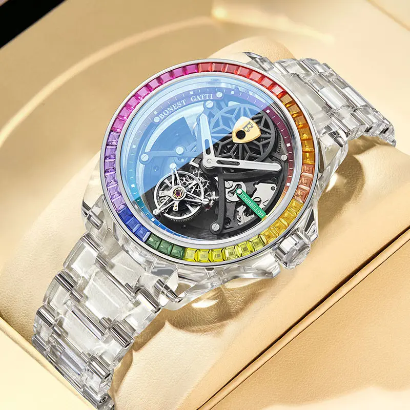BONEST GATTI Automatic Mechanical Watch Skeleton Crystal Case Handmade Gem Inlay Luxury Mirror Luxury Mens Wristwatch
BONEST GATTI Automatic Mechanical Watch Skeleton Crystal Case Handmade Gem Inlay Luxury Mirror Luxury Mens Wristwatch