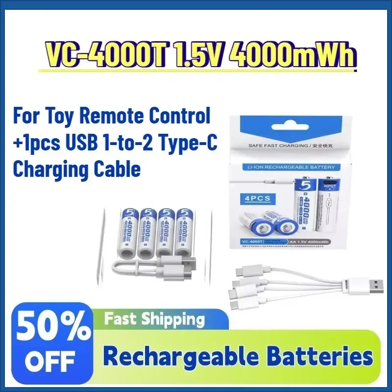 Grade A 4pcs VC-4000T 1.5V 4000mWh AA Li-ion Rechargeable Battery for Toy Remote Control +1pcs USB 1-to-2 Type-C Charging
Grade A 4pcs VC-4000T 1.5V 4000mWh AA Li-ion Rechargeable Battery for Toy Remote Control +1pcs USB 1-to-2 Type-C Charging