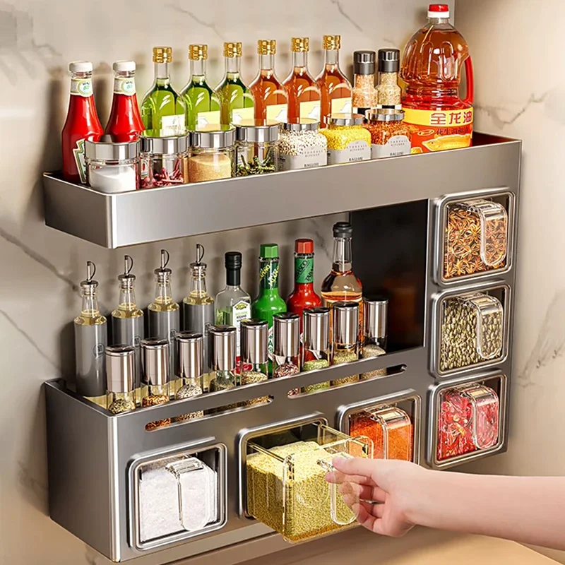 Kitchen shelves, wall-mounted soy sauce vinegar seasoning bottles, salt shakers, multi-functional condiment storage boxes
Kitchen shelves, wall-mounted soy sauce vinegar seasoning bottles, salt shakers, multi-functional condiment storage boxes