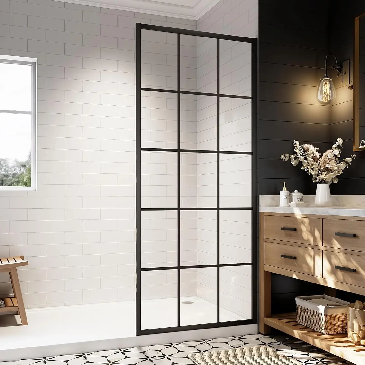 34''W x 74''H Framed Shower Screen Walk-in,French Style Grid Pattern Glass Shower Door in Matte Black Finish,Shower Glass Panel
34''W x 74''H Framed Shower Screen Walk-in,French Style Grid Pattern Glass Shower Door in Matte Black Finish,Shower Glass Panel