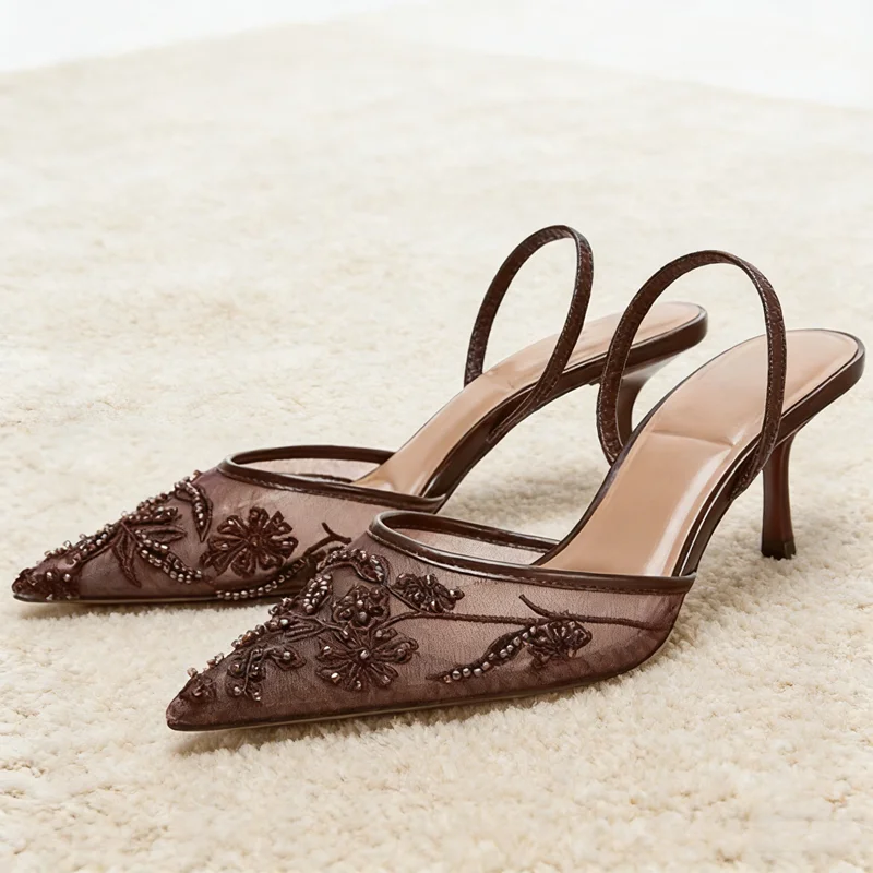 Brown String Bead Mesh Embroider Slingback High Heels Women Sexy Pointed Toe Heeled Sandals Summer Elegant Luxury Designer Shoes
Brown String Bead Mesh Embroider Slingback High Heels Women Sexy Pointed Toe Heeled Sandals Summer Elegant Luxury Designer Shoes