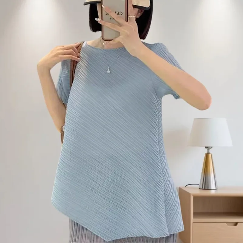 Miyake Pleated Irregular Short Sleeve T-Shirt Women's Top Sleeveless Spring Top Simple Thin Large Stretchy Lightweight Fabric
Miyake Pleated Irregular Short Sleeve T-Shirt Women's Top Sleeveless Spring Top Simple Thin Large Stretchy Lightweight Fabric