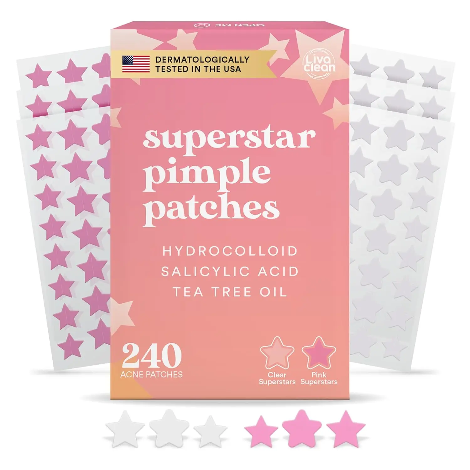 240 Star Acne Patches with Salicylic Acid & Tea Tree Oil - Cute Pink & Clear Zit Stickers for Face, Hydrocolloid Blemish Treatment
240 Star Acne Patches with Salicylic Acid & Tea Tree Oil - Cute Pink & Clear Zit Stickers for Face, Hydrocolloid Blemish Treatment