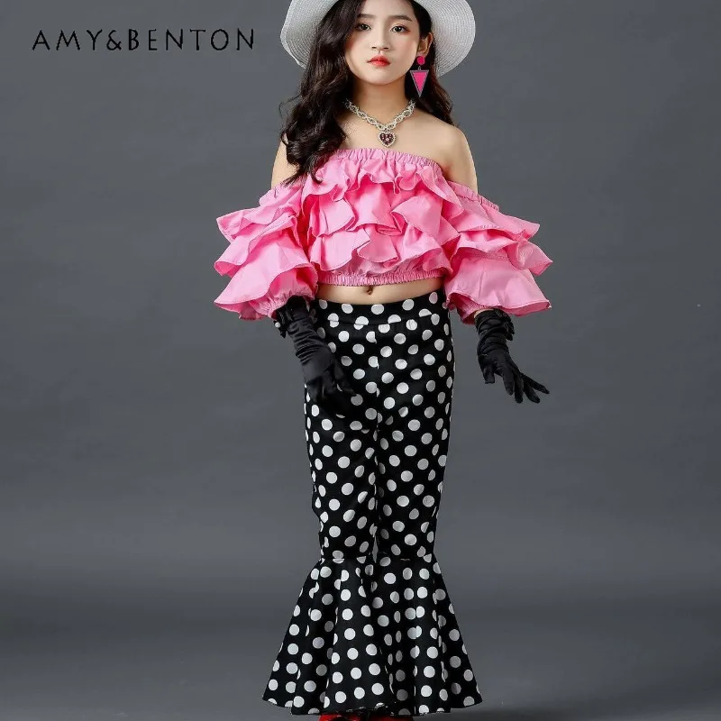 Summer Fashion Girls Matching Set Off Shoulder Layered Ruffle Blouse High Waist Polka Dot Bell Bottom Trousers Girls Clothes
Summer Fashion Girls Matching Set Off Shoulder Layered Ruffle Blouse High Waist Polka Dot Bell Bottom Trousers Girls Clothes