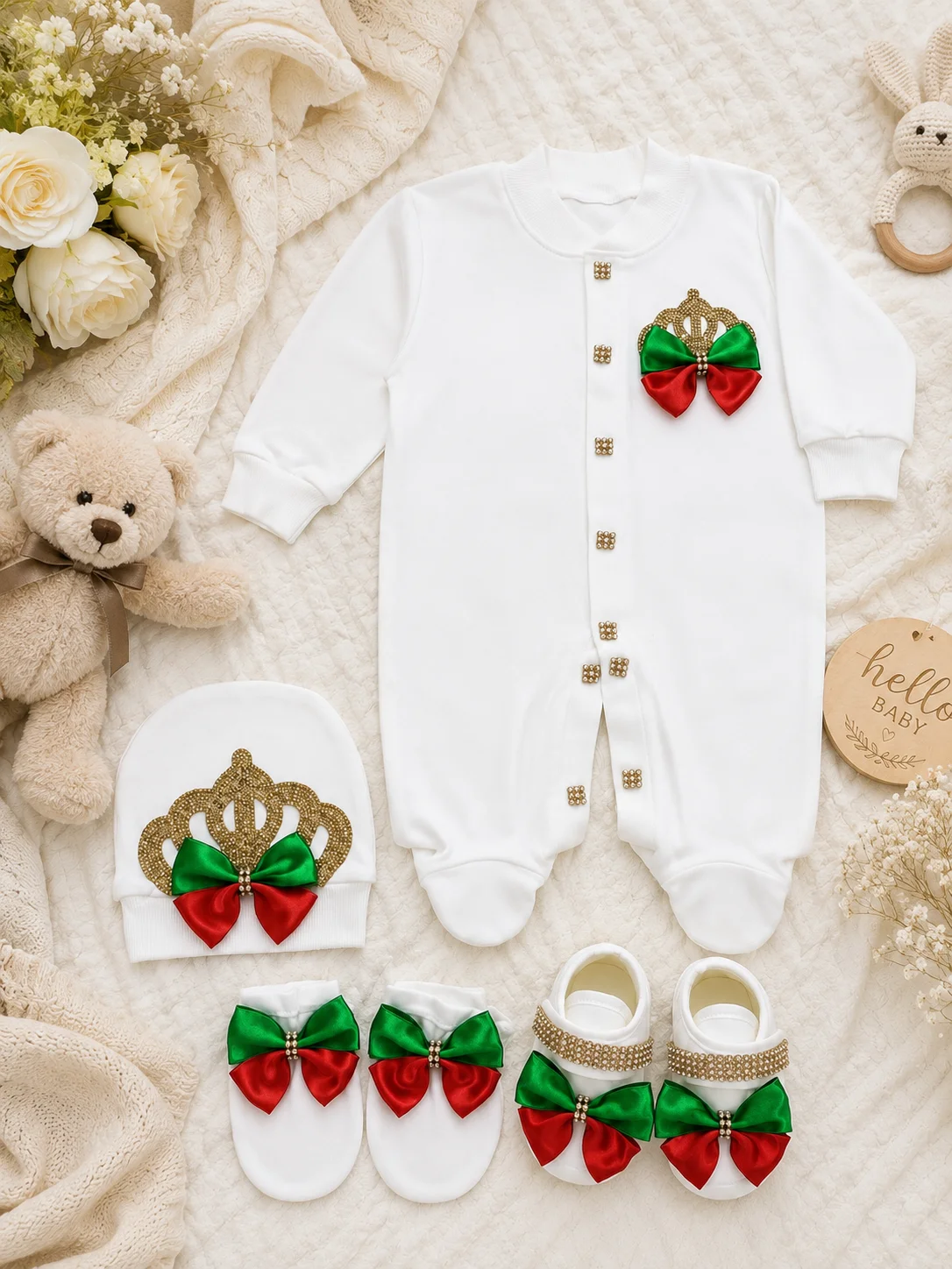 Baby One Month Memorial 4 Piece Clothes 3D Red Green Bow Gold Rhinestone Crown White Footed Romper Matching Accessories
Baby One Month Memorial 4 Piece Clothes 3D Red Green Bow Gold Rhinestone Crown White Footed Romper Matching Accessories