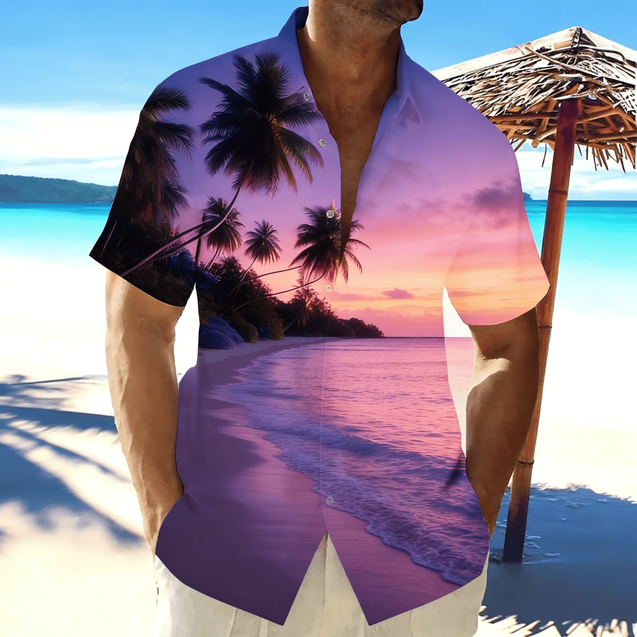 Men's Beach Sunset Coconut Tree Print Short Sleeve Shirt, Spring Summer Dreamy Vacation Casual Top, Pocket Lapel Style
Men's Beach Sunset Coconut Tree Print Short Sleeve Shirt, Spring Summer Dreamy Vacation Casual Top, Pocket Lapel Style
